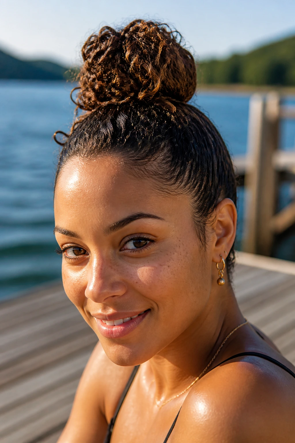 Close-up of a real woman with a high slick curly top knot by a sunlit lake