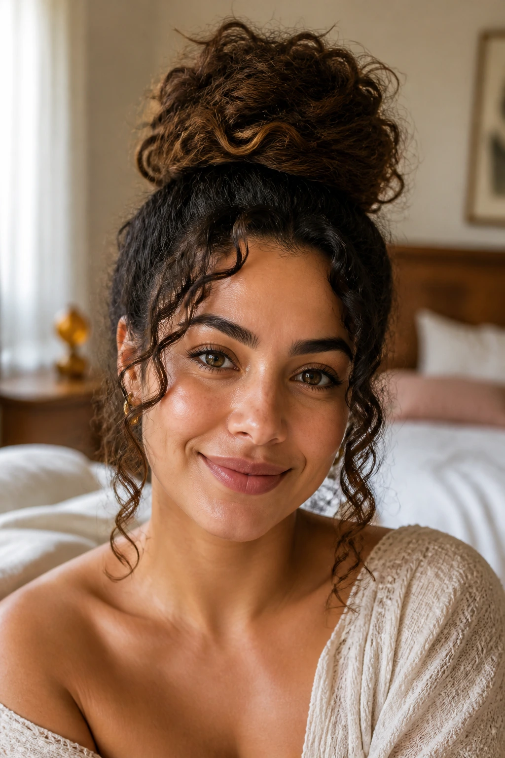Close-up portrait of a real woman with a voluminous top knot and side curls