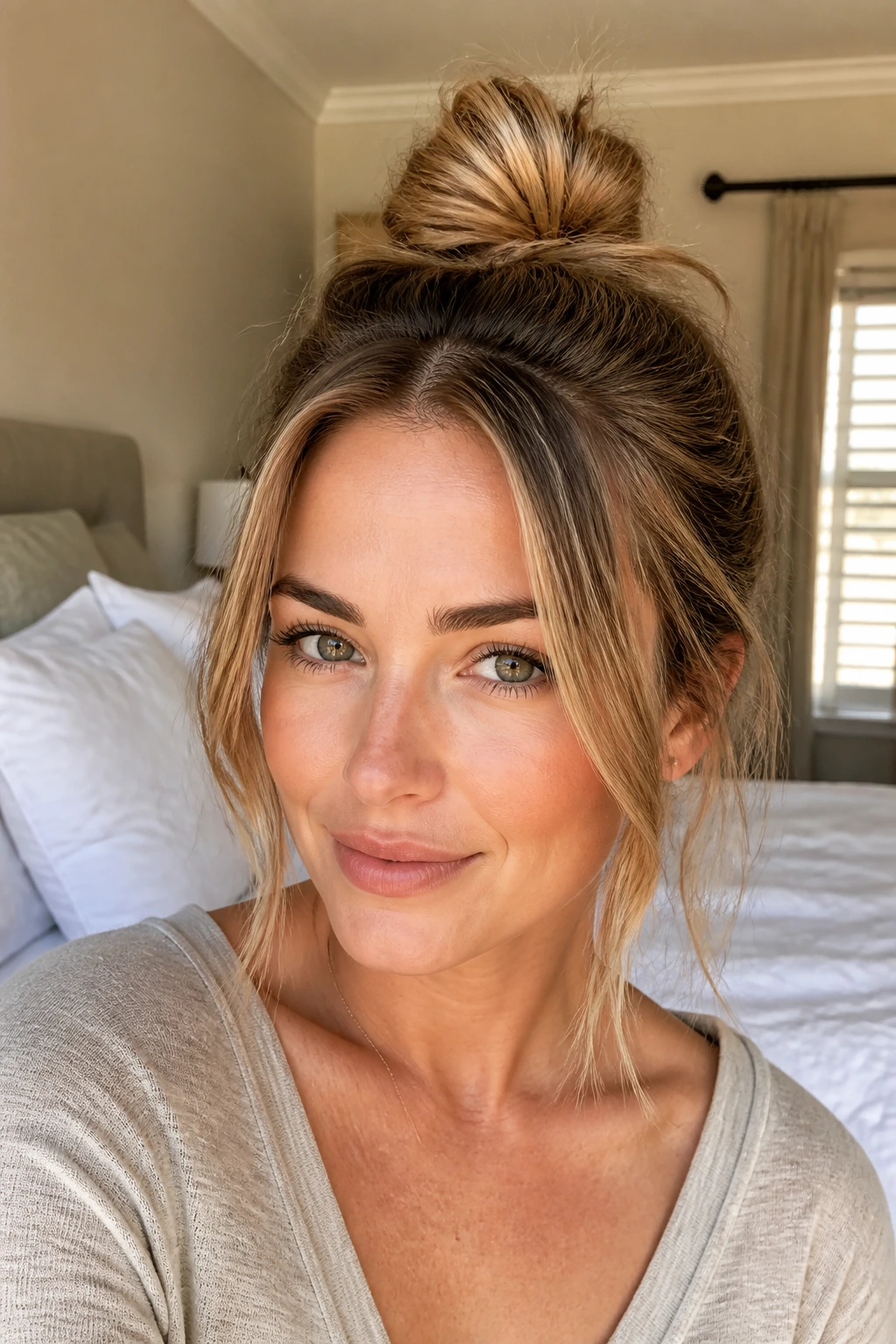 Close-up of a real woman with a messy top knot and face-framing pieces