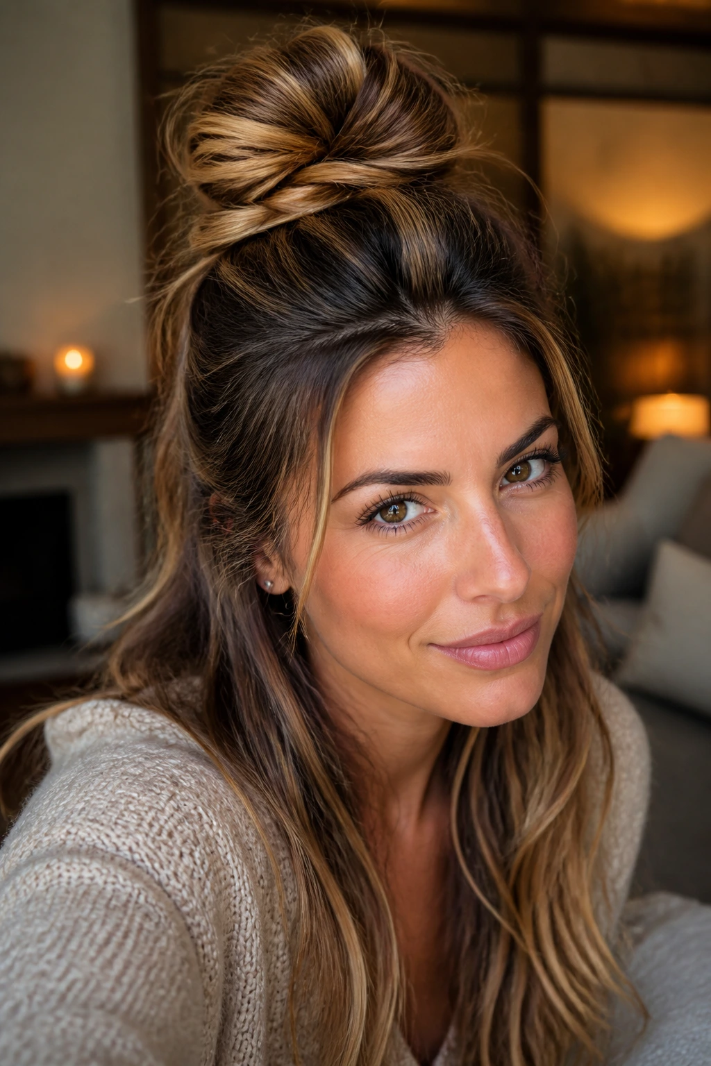 Portrait of real woman with voluminous top knot and loose lengths.