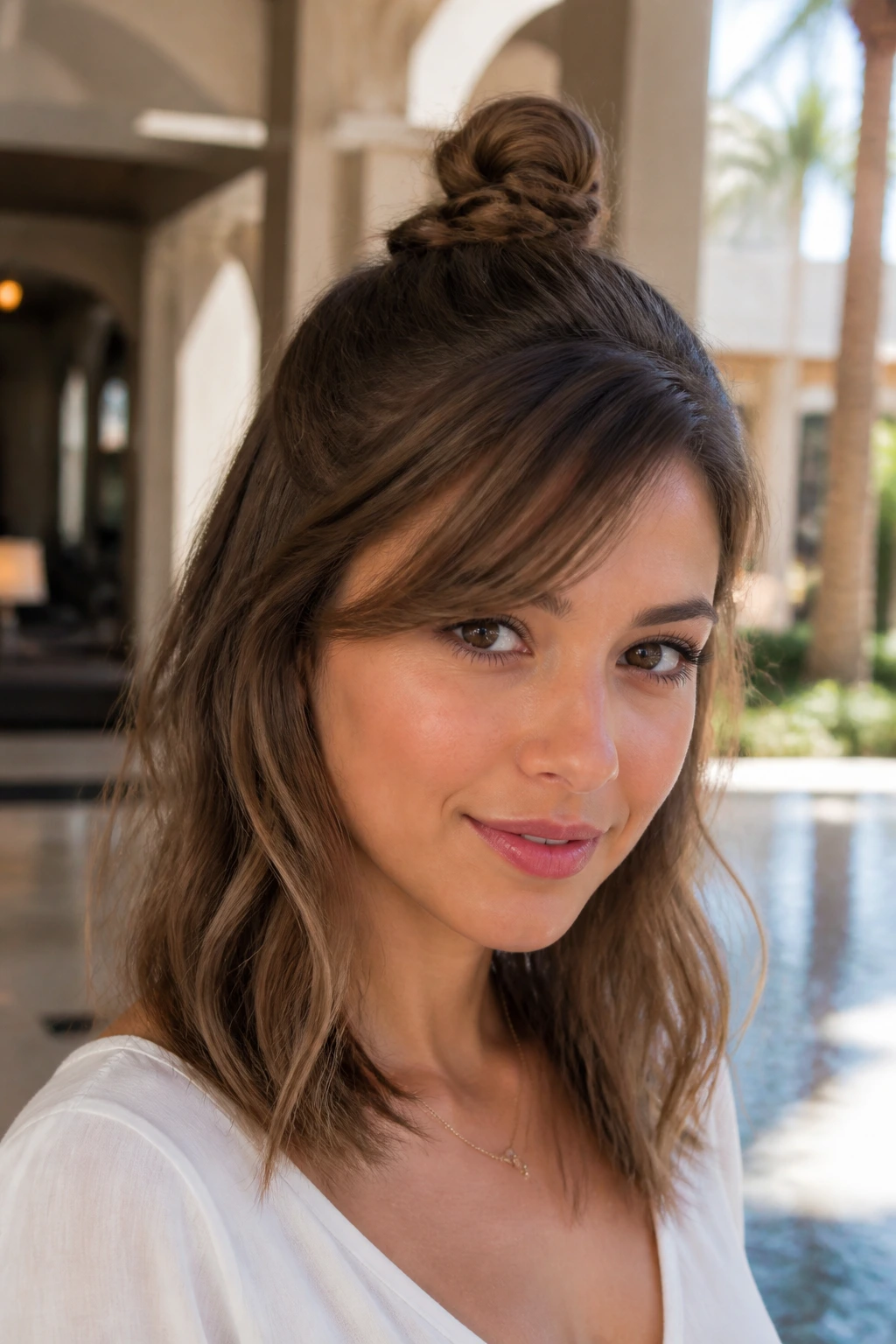 Portrait of a real woman with a mini top knot half-up and loose waves, side-swept bangs in a bright setting