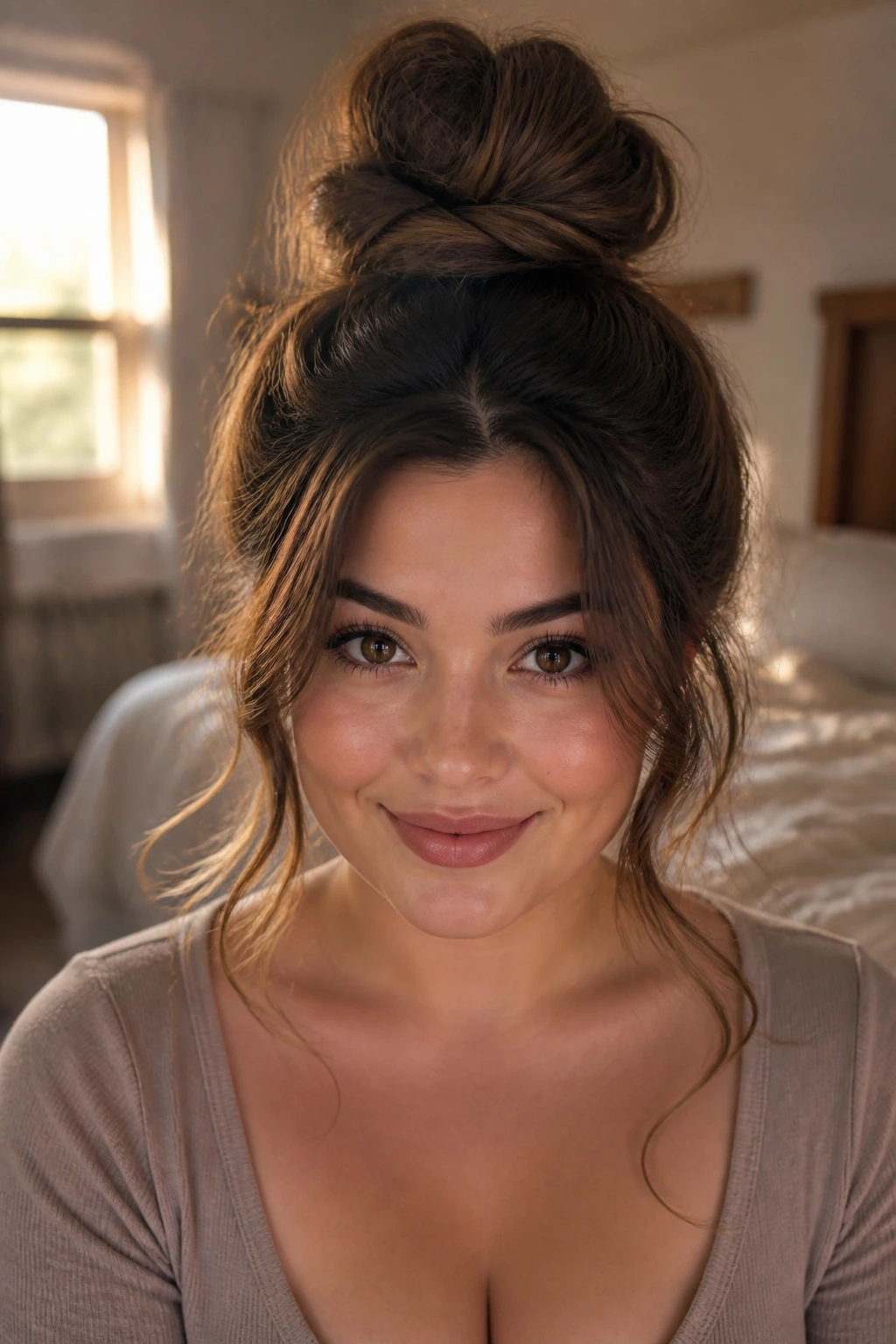 Close-up of a real woman with a voluminous top knot and loose front pieces
