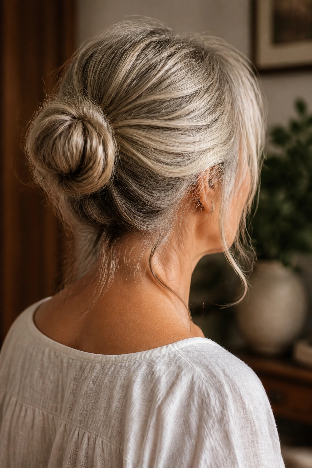 Portrait of a woman wearing a top knot with loose nape pieces.