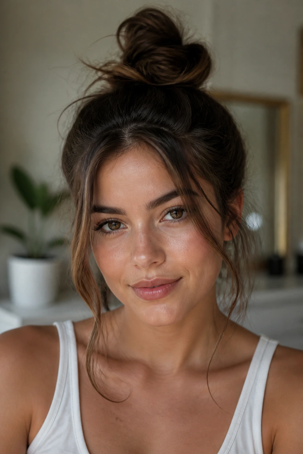 Close-up of a real woman wearing a high messy top knot with loose face-framing pieces
