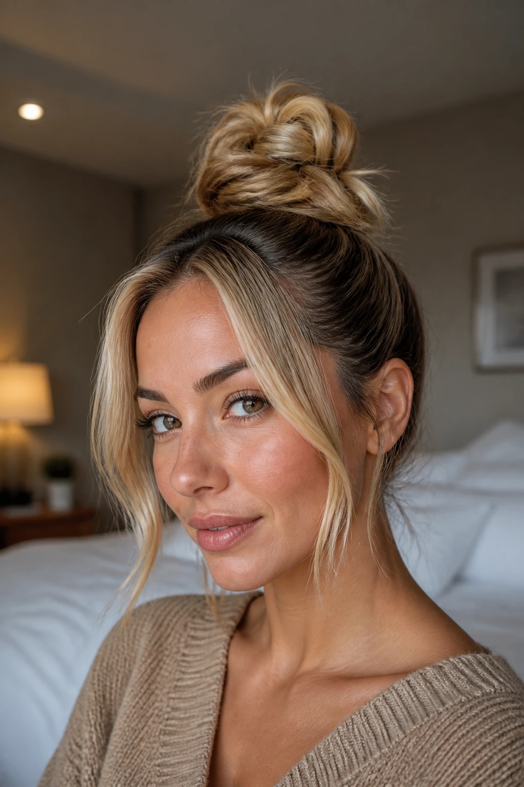 Close-up of a real woman with a textured top knot and money piece highlights in a bedroom setting.