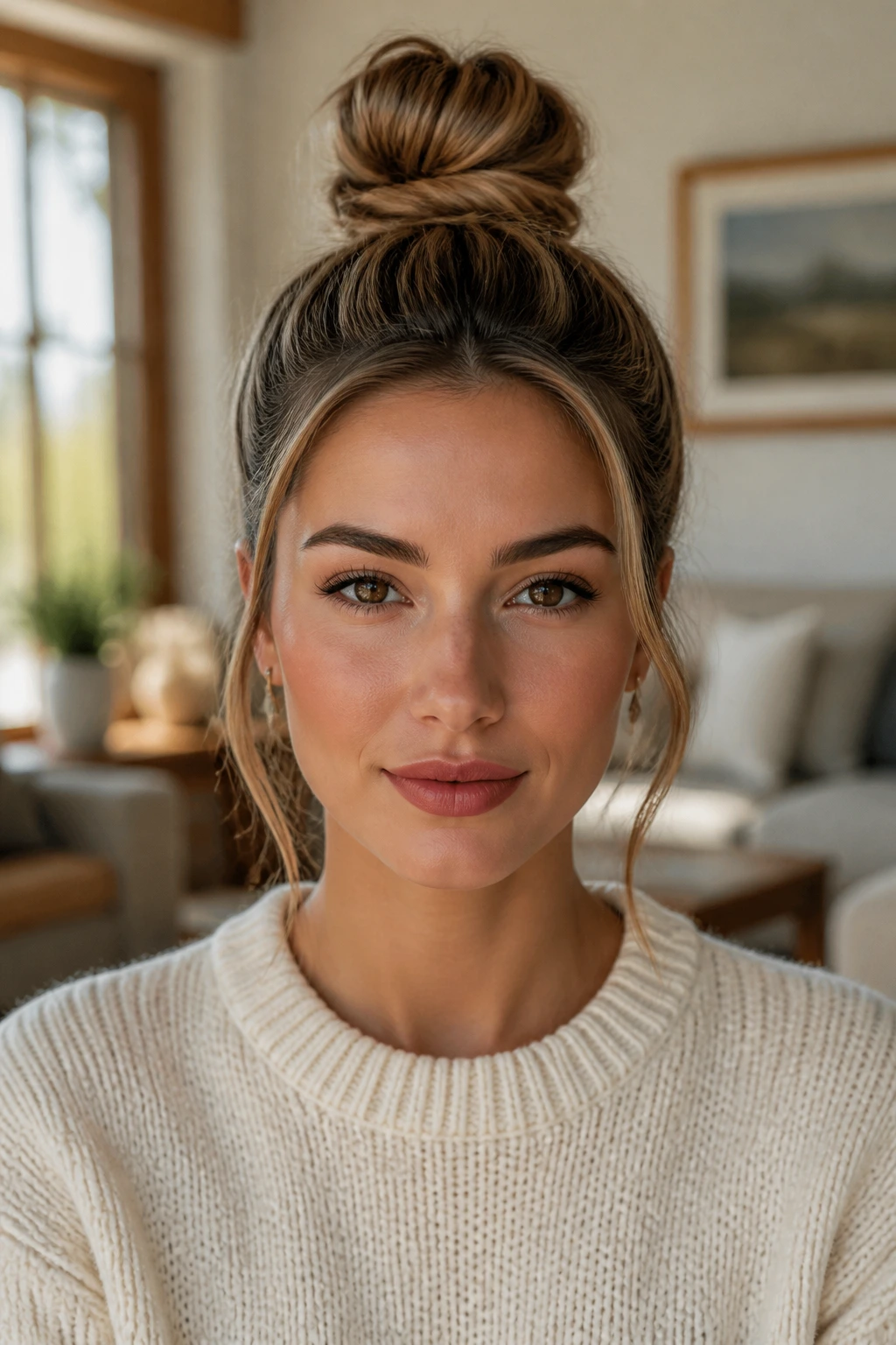 Close-up of a real woman with a top knot and pinned-under ends