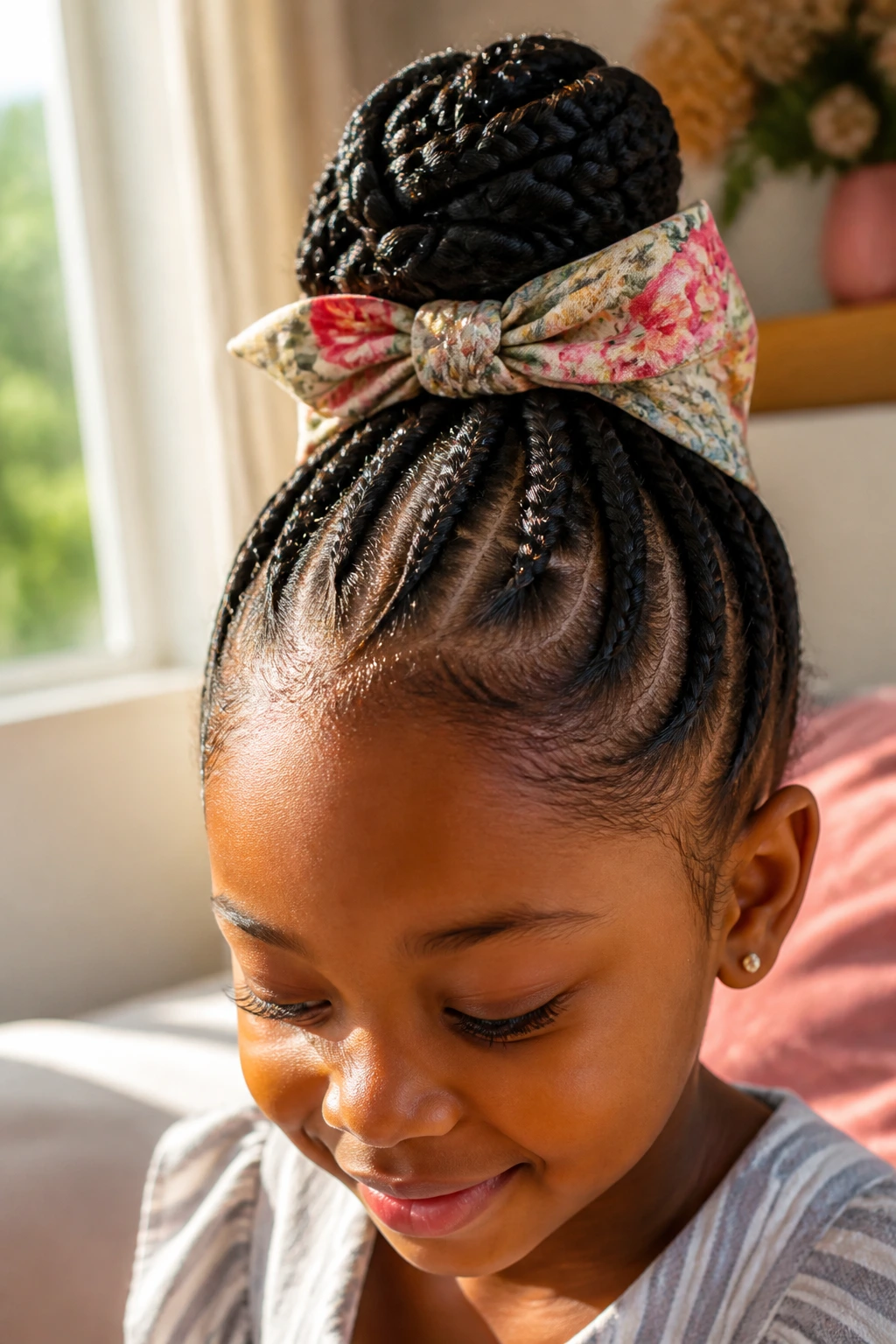Girl showing braided top knot with scarf tie in a sunlit bedroom.