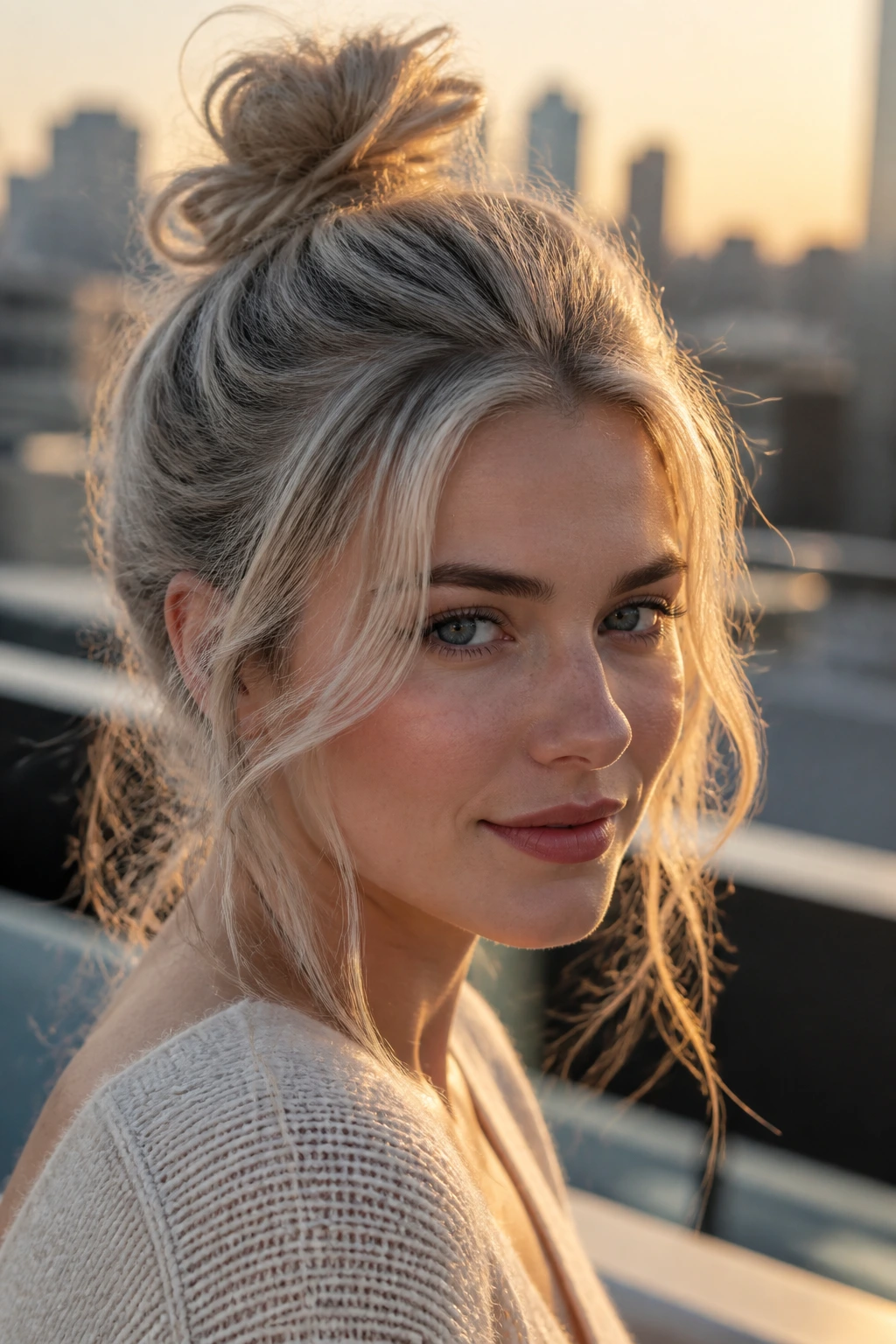 Close-up of a real person with a messy top knot and tendrils in steel blonde.