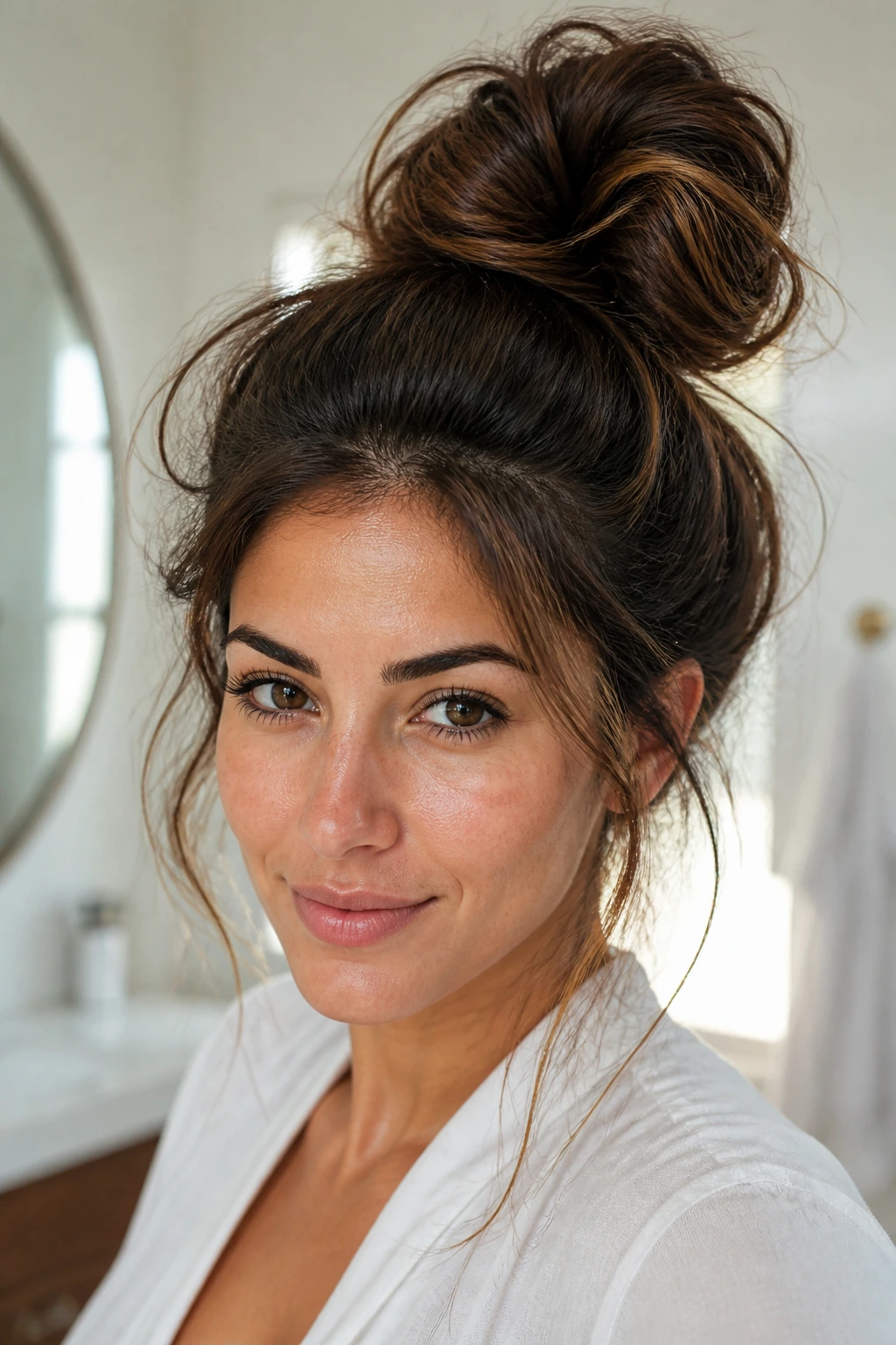 Close-up of a woman with a high messy top knot