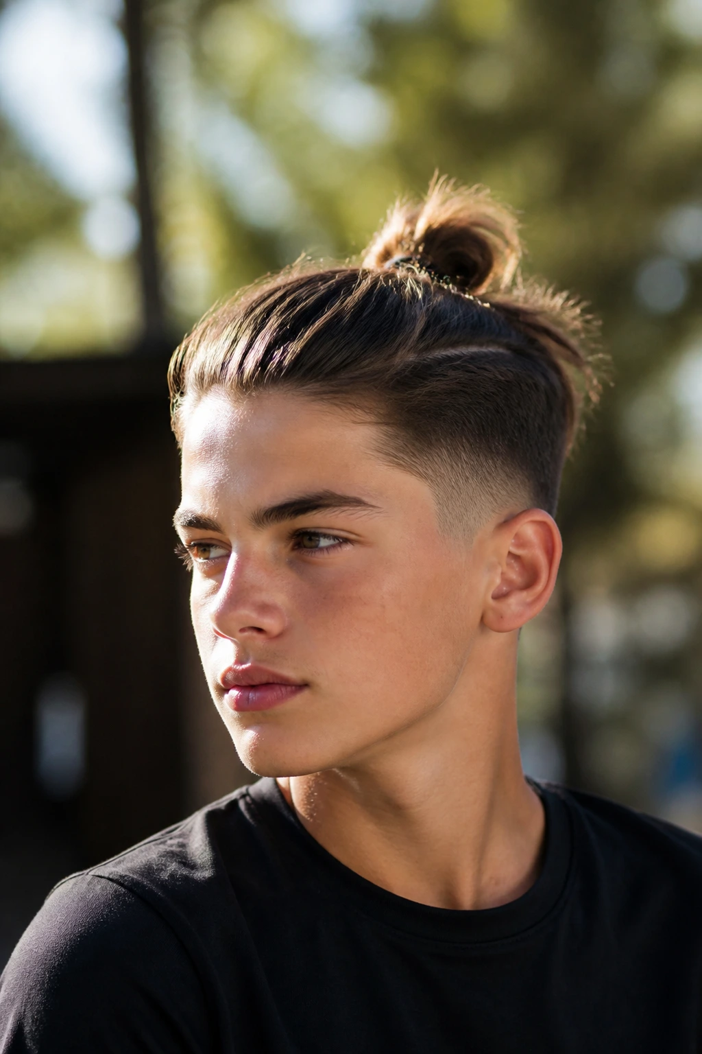 Boy with a loose top knot and soft tapered edges in outdoor light.