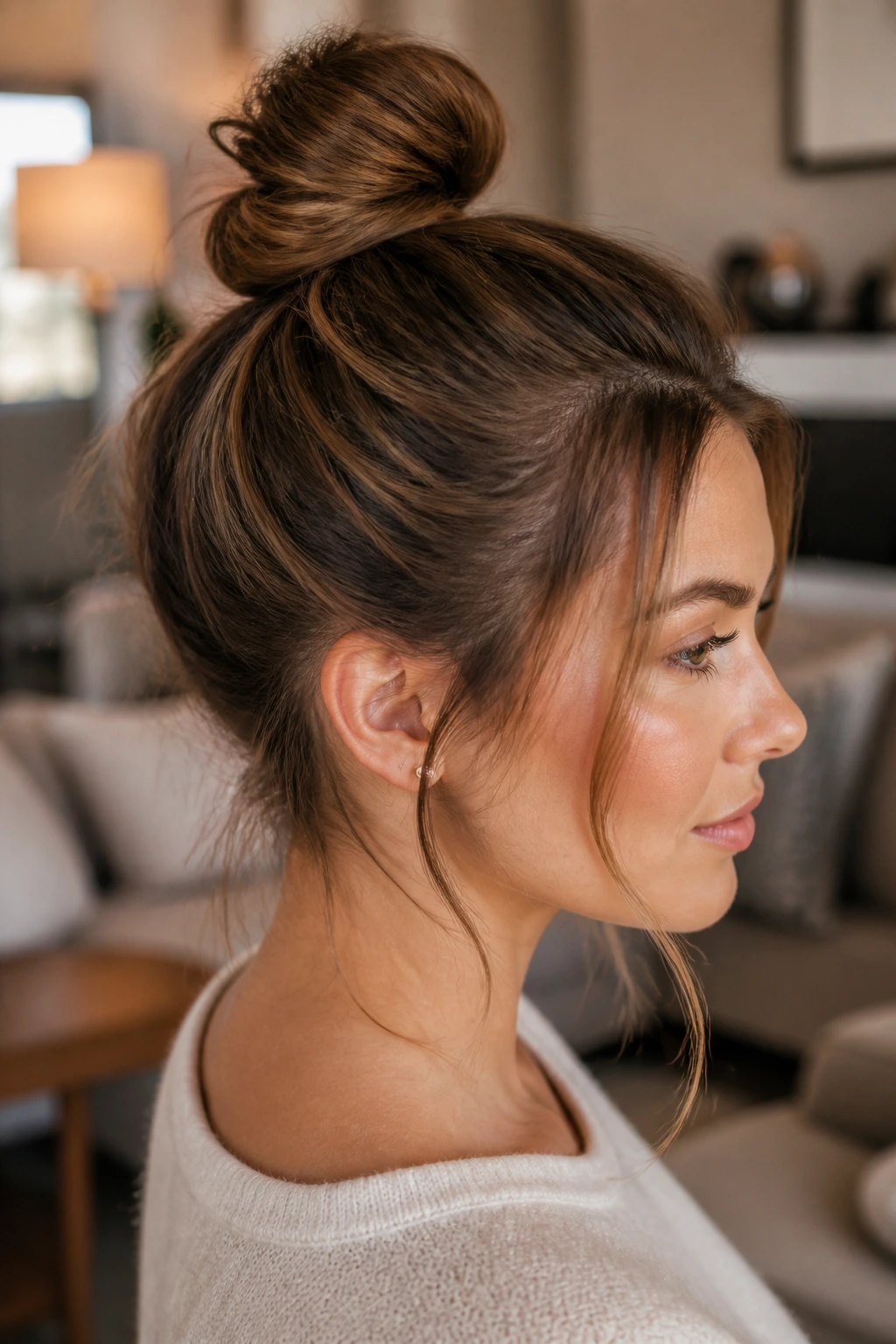 Side profile of a woman with a messy top knot and wispy tendrils