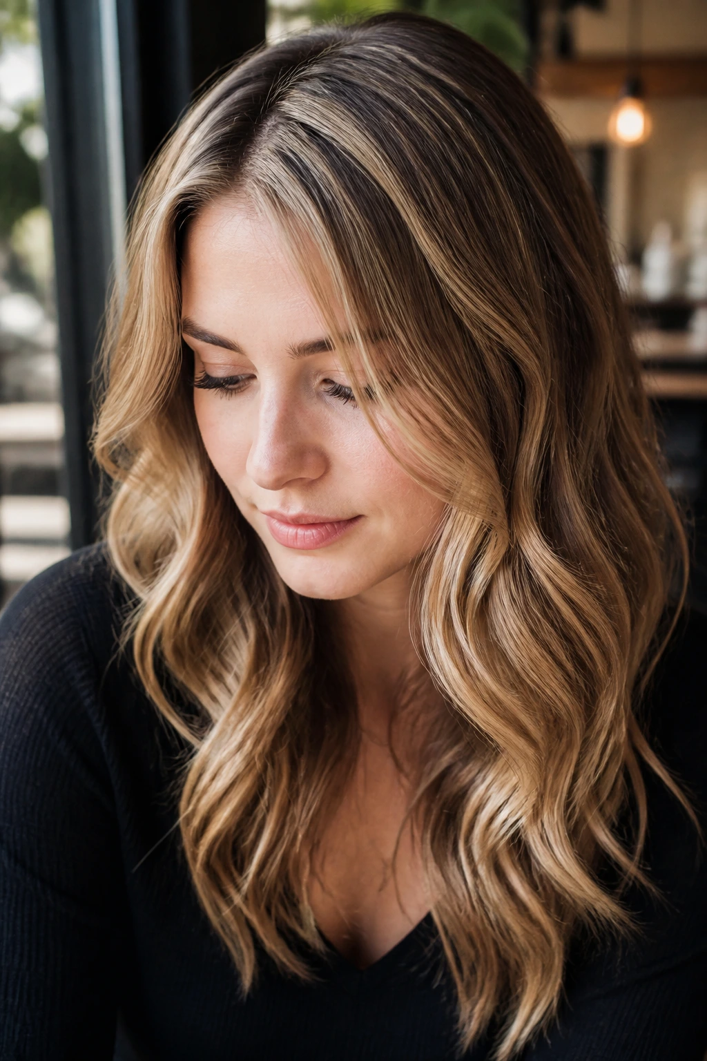 Close-up of real woman with top-layer partial highlights on the crown