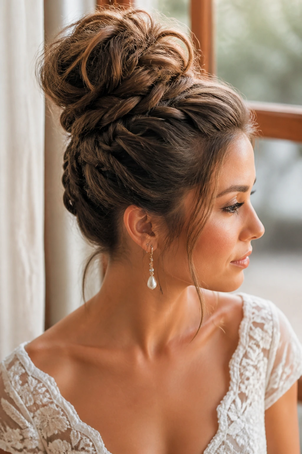 Close-up of real bride with textured topknot and braided base.