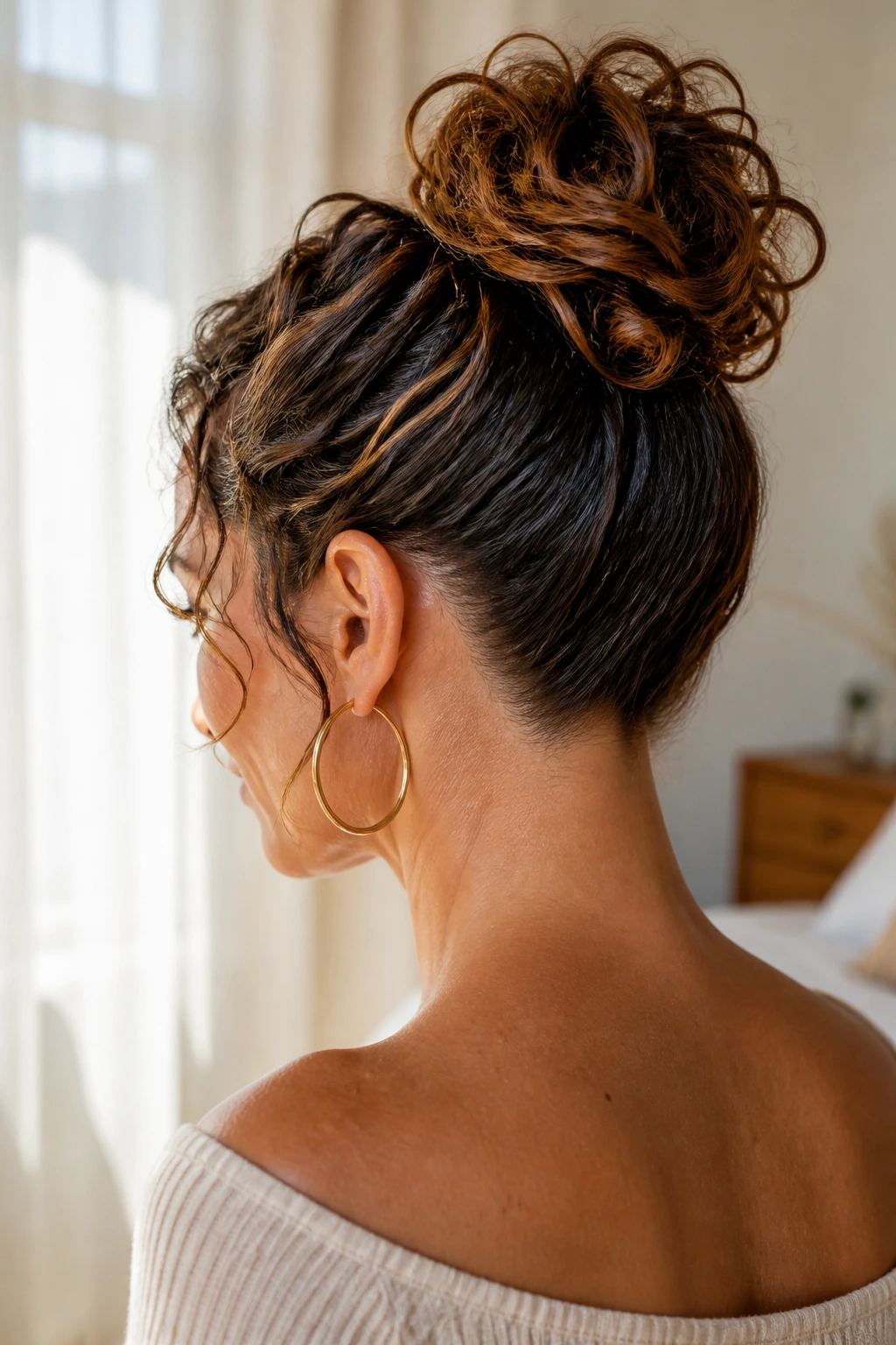 Close-up portrait of a real woman with a loose curly topknot and sleek nape.