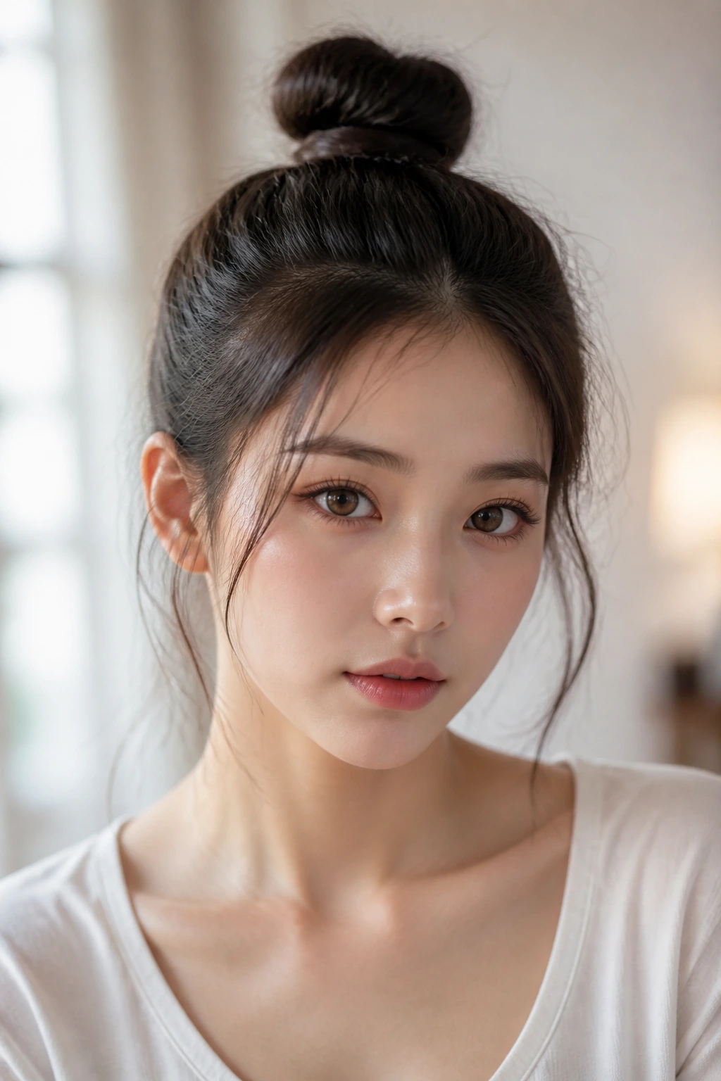 Close-up of a real woman with a sleek topknot and wispy tendrils