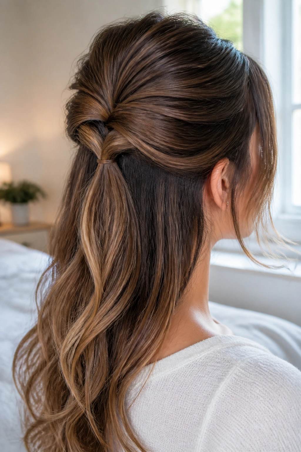 Close-up of a real woman with a topsy-tail half-up hairstyle in soft bedroom light