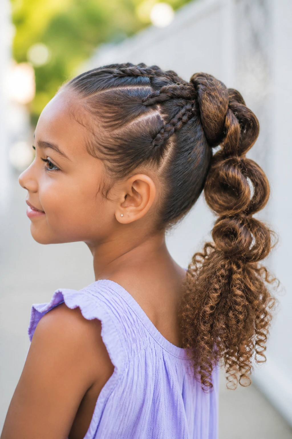 Side-profile of a real girl with a topsy-tail braided pony showing loops