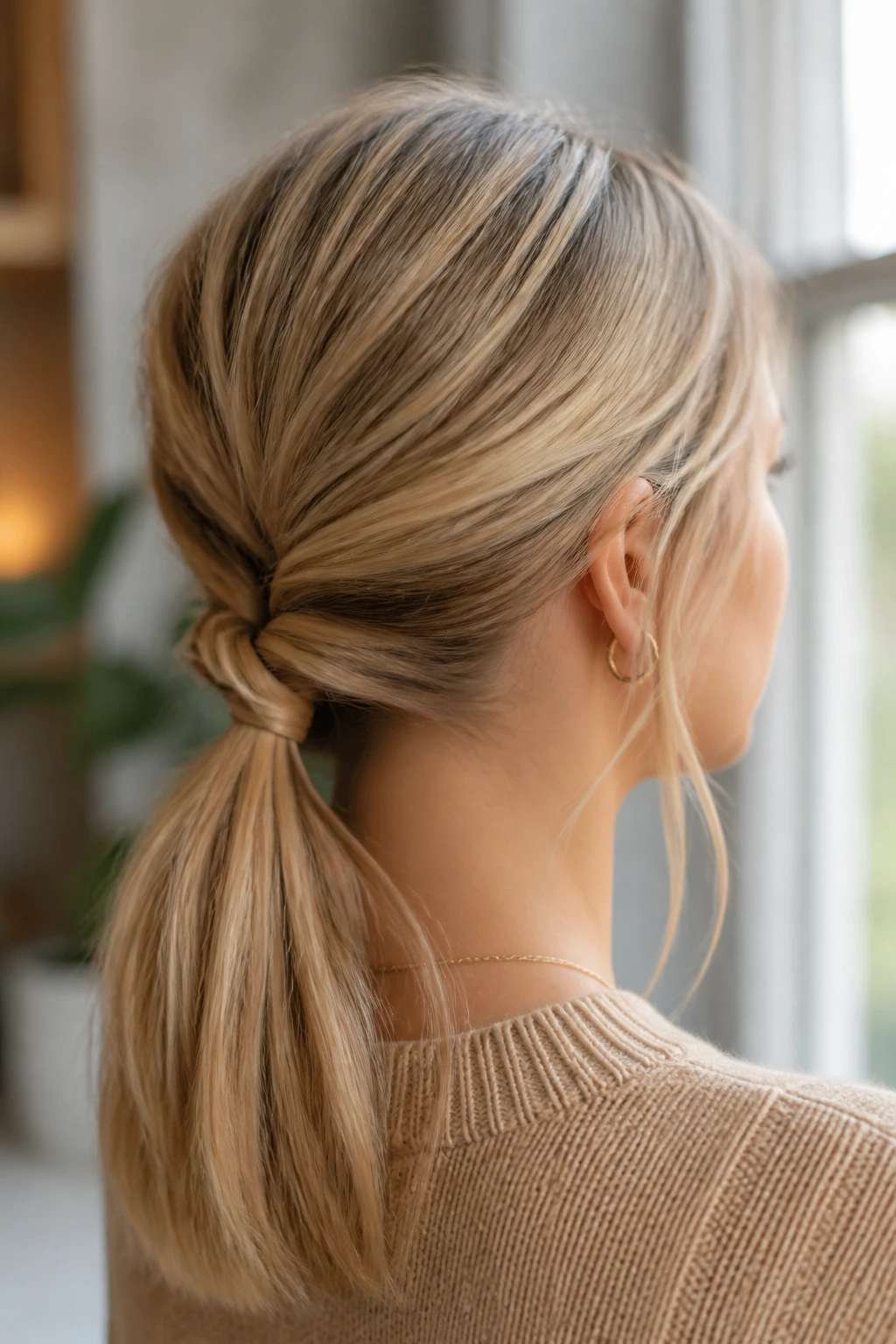 Real woman with topsy-tail ponytail twist at the nape