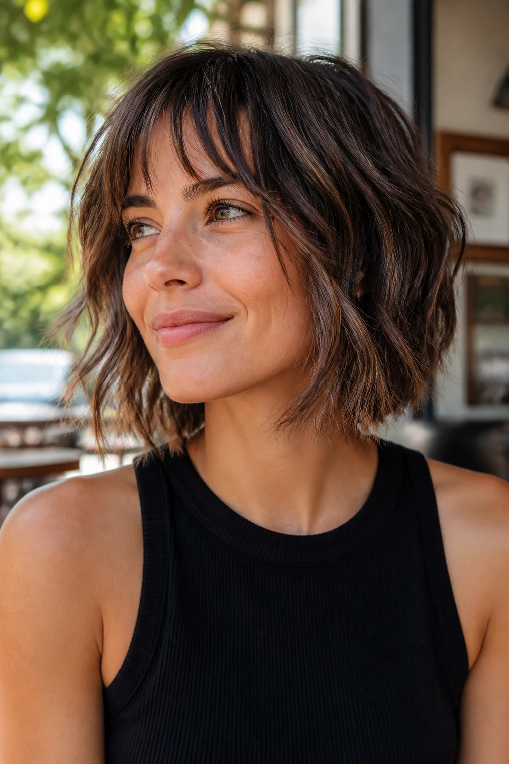 Real woman with tousled A-line bob and piecey bangs