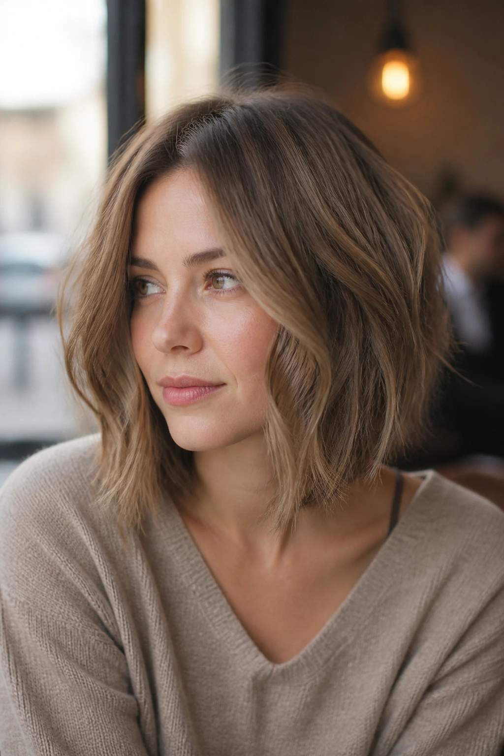 Close-up portrait of a real woman with a tousled A-Line Bob and soft ends.