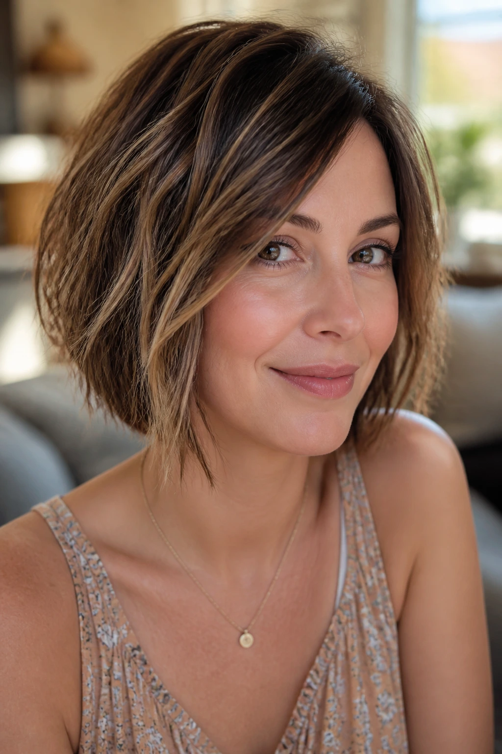 Portrait of a real woman with a tousled A-line bob and light layers