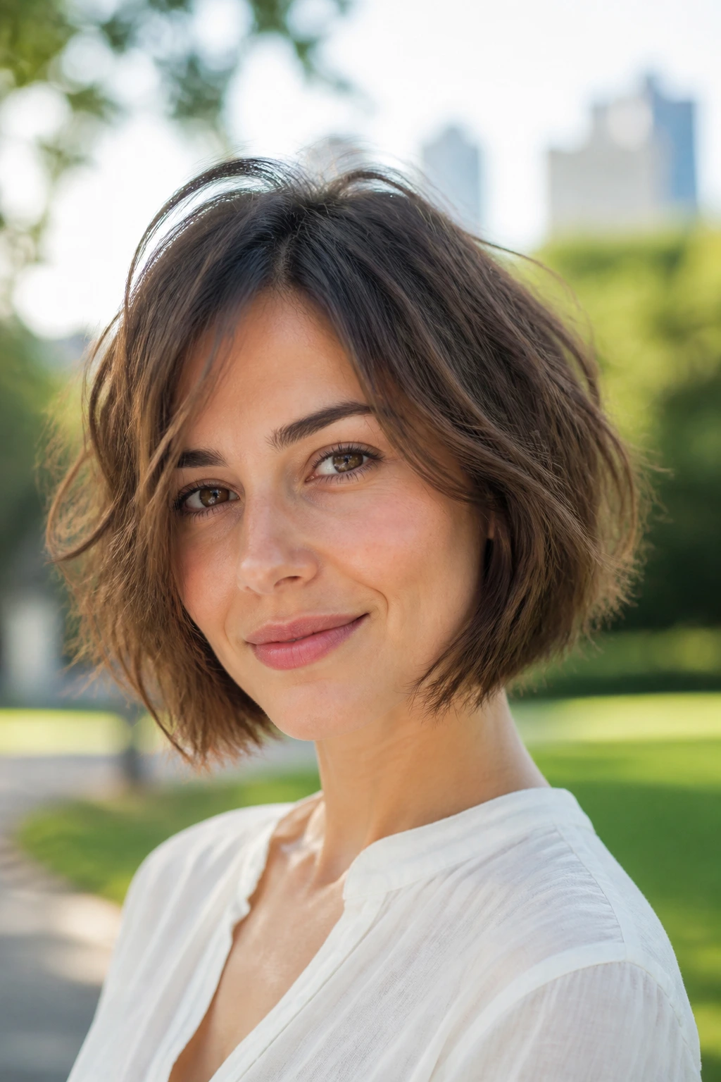 Close-up portrait of a real woman with a tousled air-dry bob
