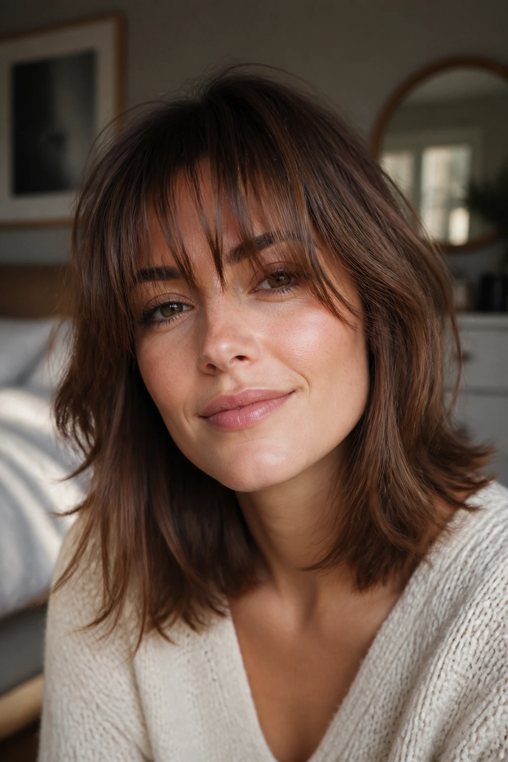 Close-up portrait of a real person with tousled bangs and mid-length cut