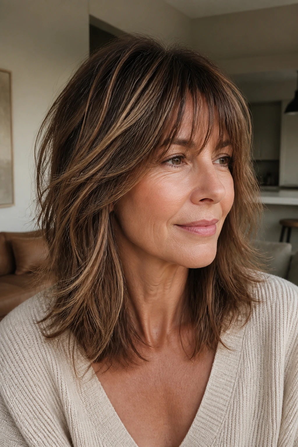 Close-up of a real woman with tousled bangs and mid-length hair