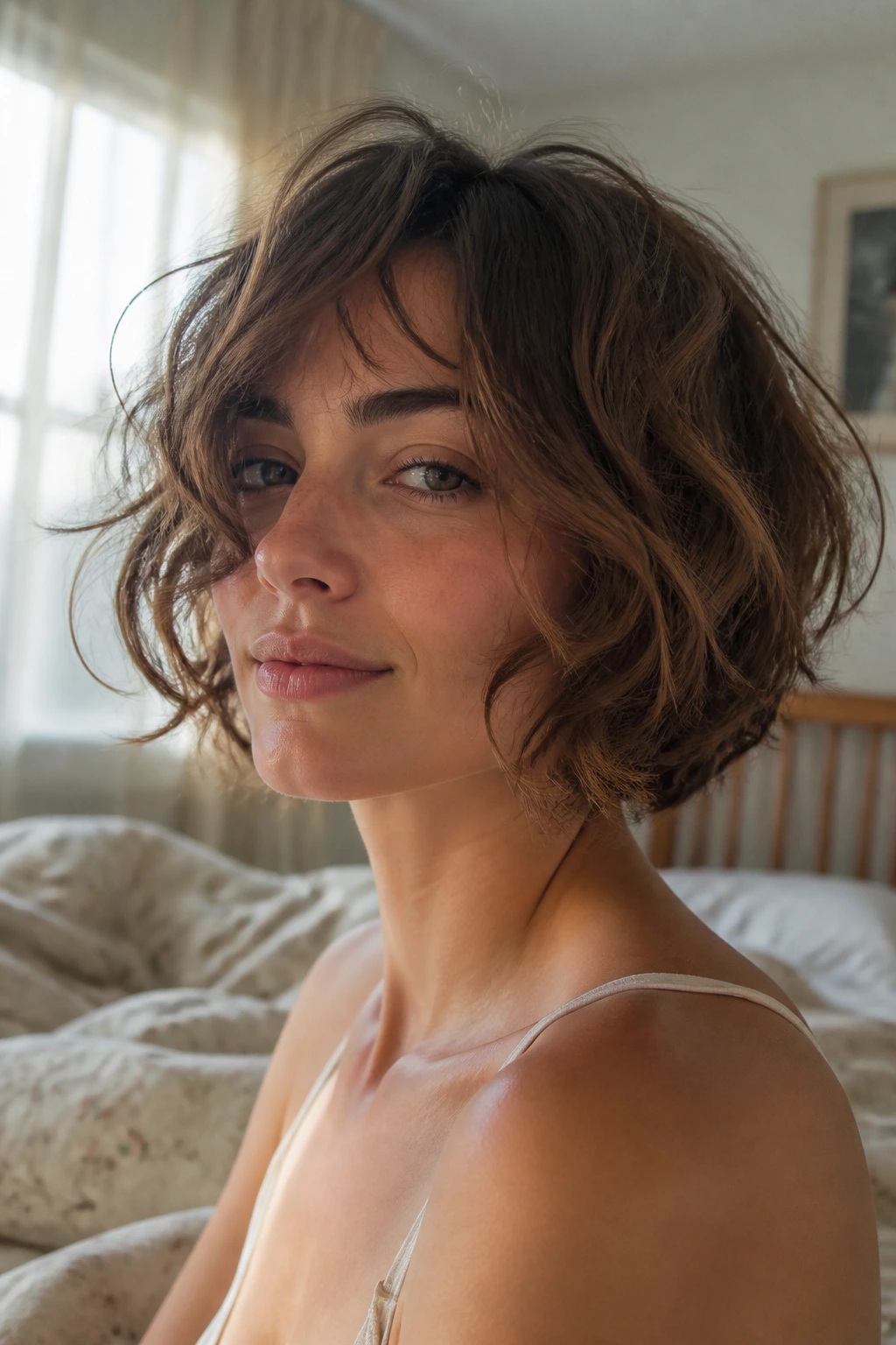 Close-up of a woman with tousled bedhead bob in a softly lit bedroom