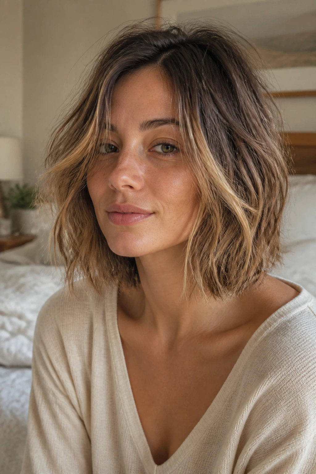 Close-up portrait of a real woman with tousled bedhead lob hairstyle in a sunny bedroom
