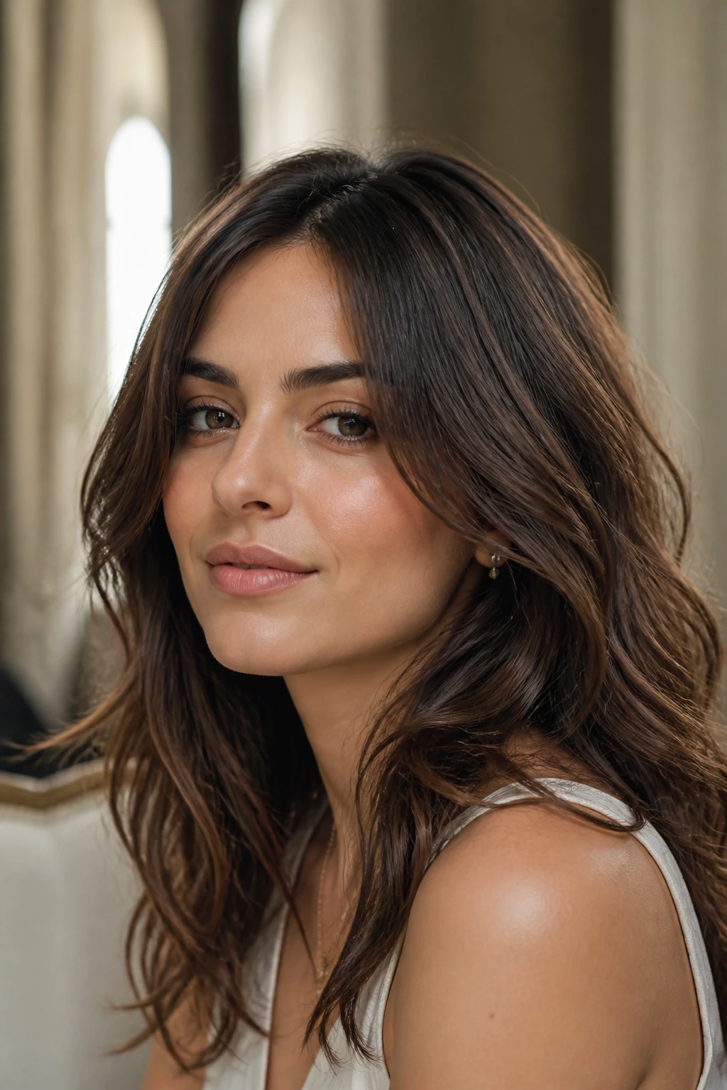 Woman with tousled blowout waves and polished roots