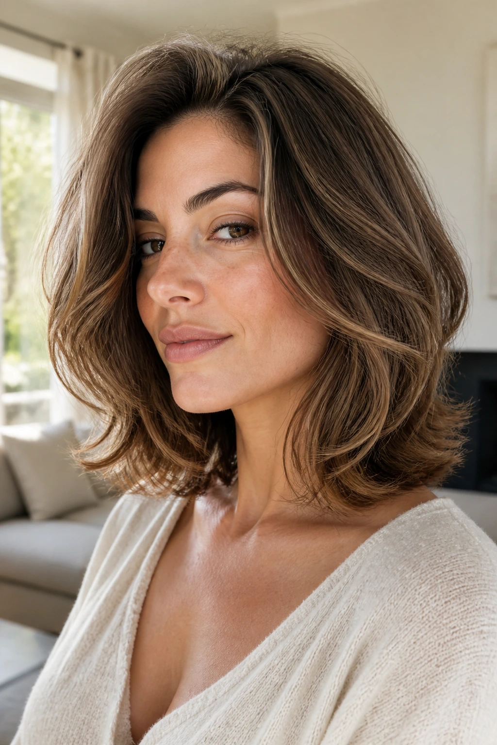 Woman with tousled shoulder-length blowout