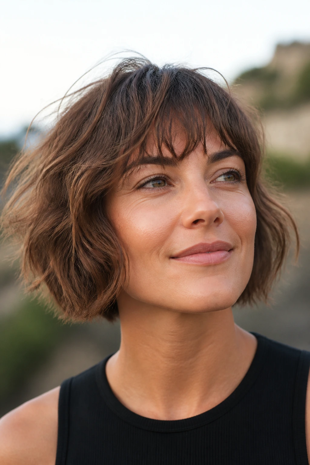 Close-up of a woman with a tousled bob and airy fringe outdoors.