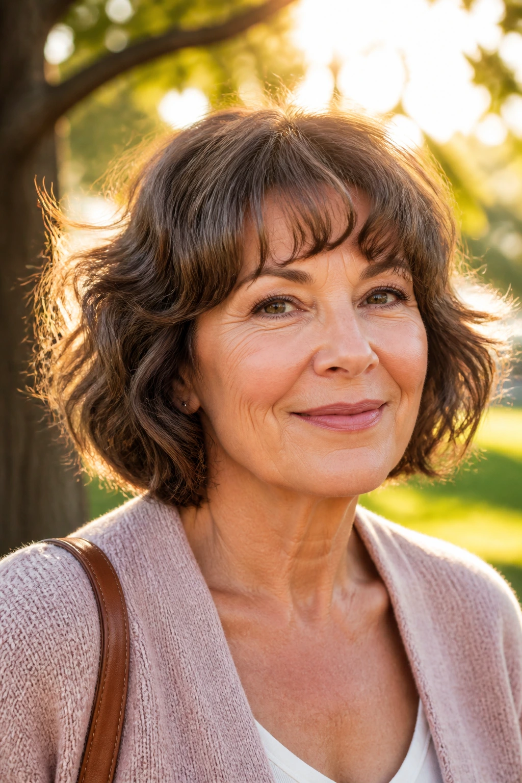 Close-up portrait of a real woman with a tousled bob and arched bangs.