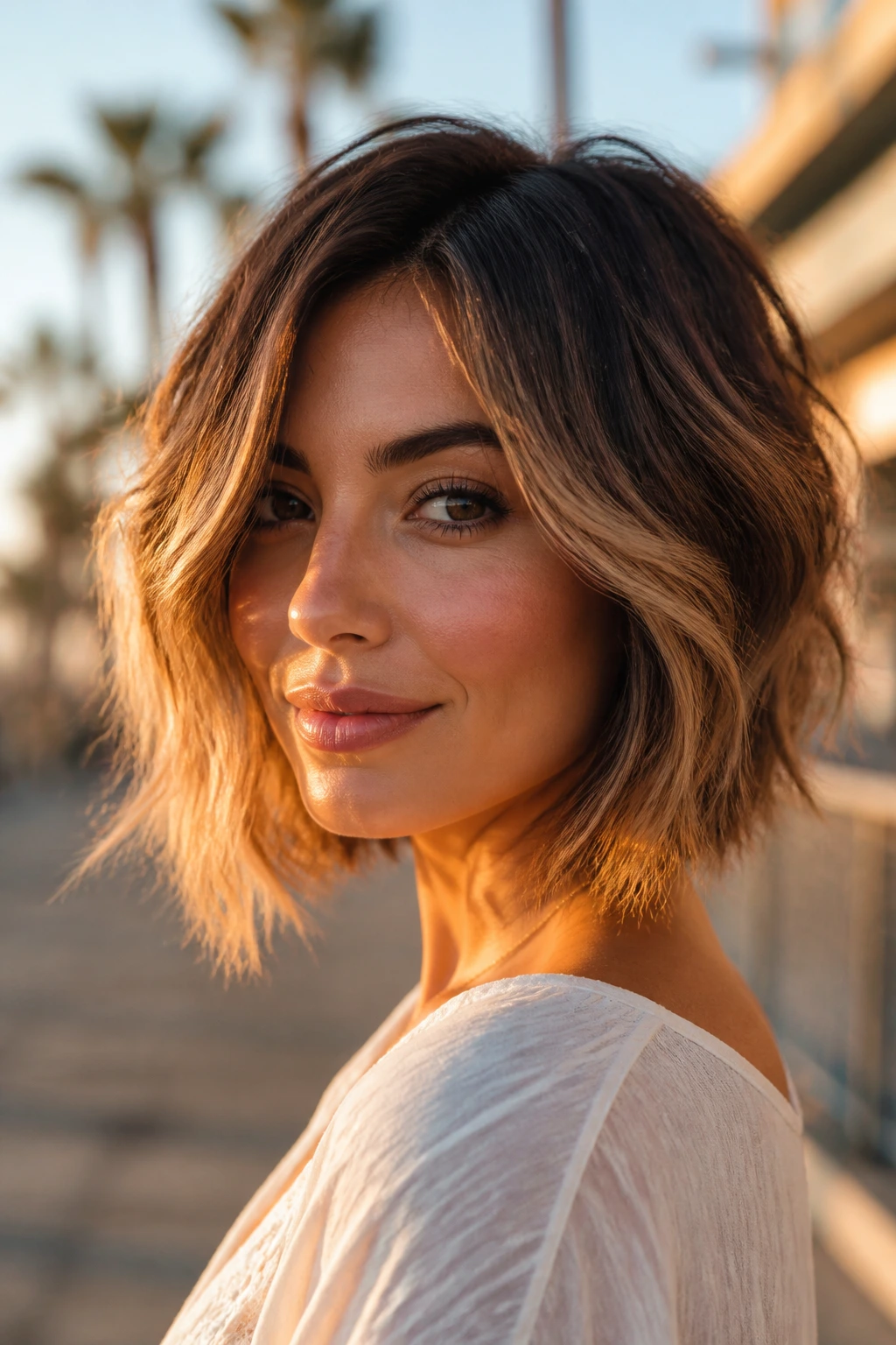 Close-up of a real woman with tousled bob and balayage highlights