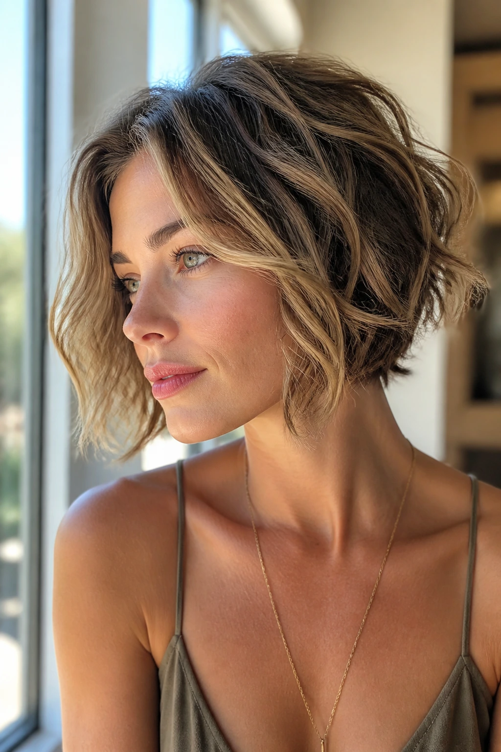 Close-up portrait of a real woman with a tousled bob featuring beachy texture and crown lift.