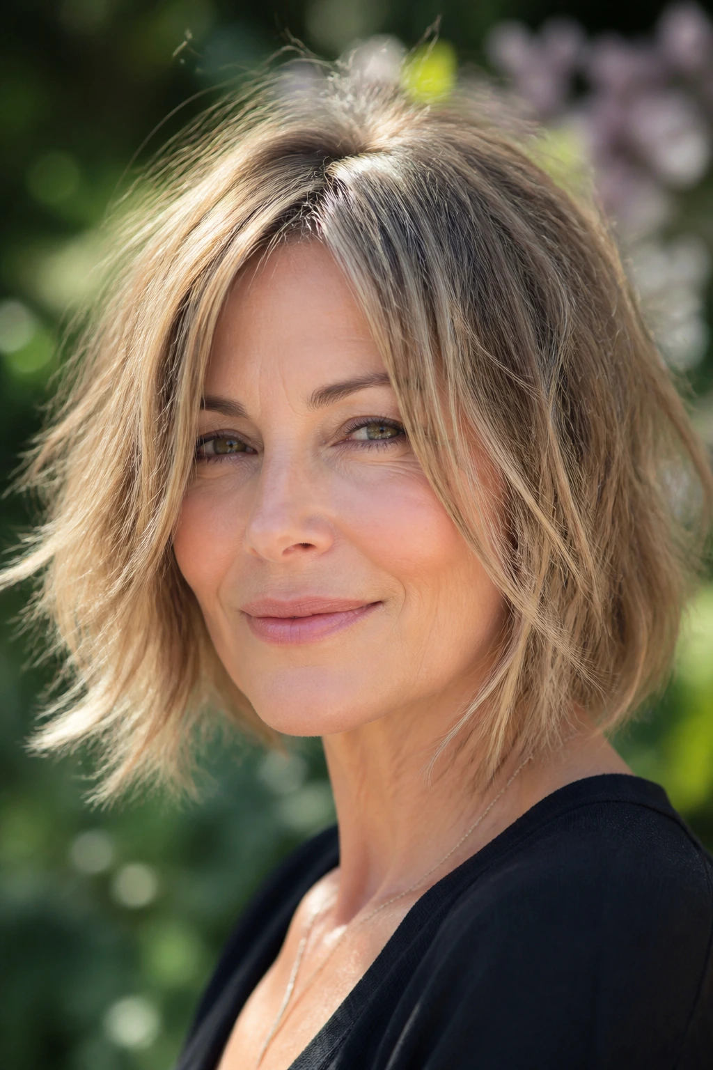 Portrait of a woman with a tousled bob and broken ends in natural light