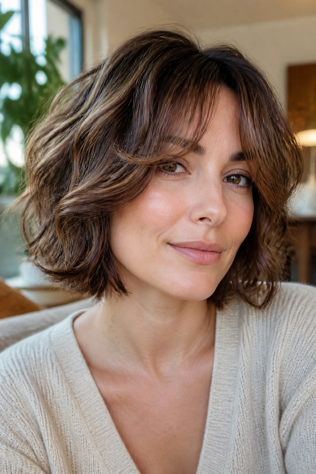 Close-up portrait of a woman with a tousled bob and curtain bangs, soft waves and warm window light