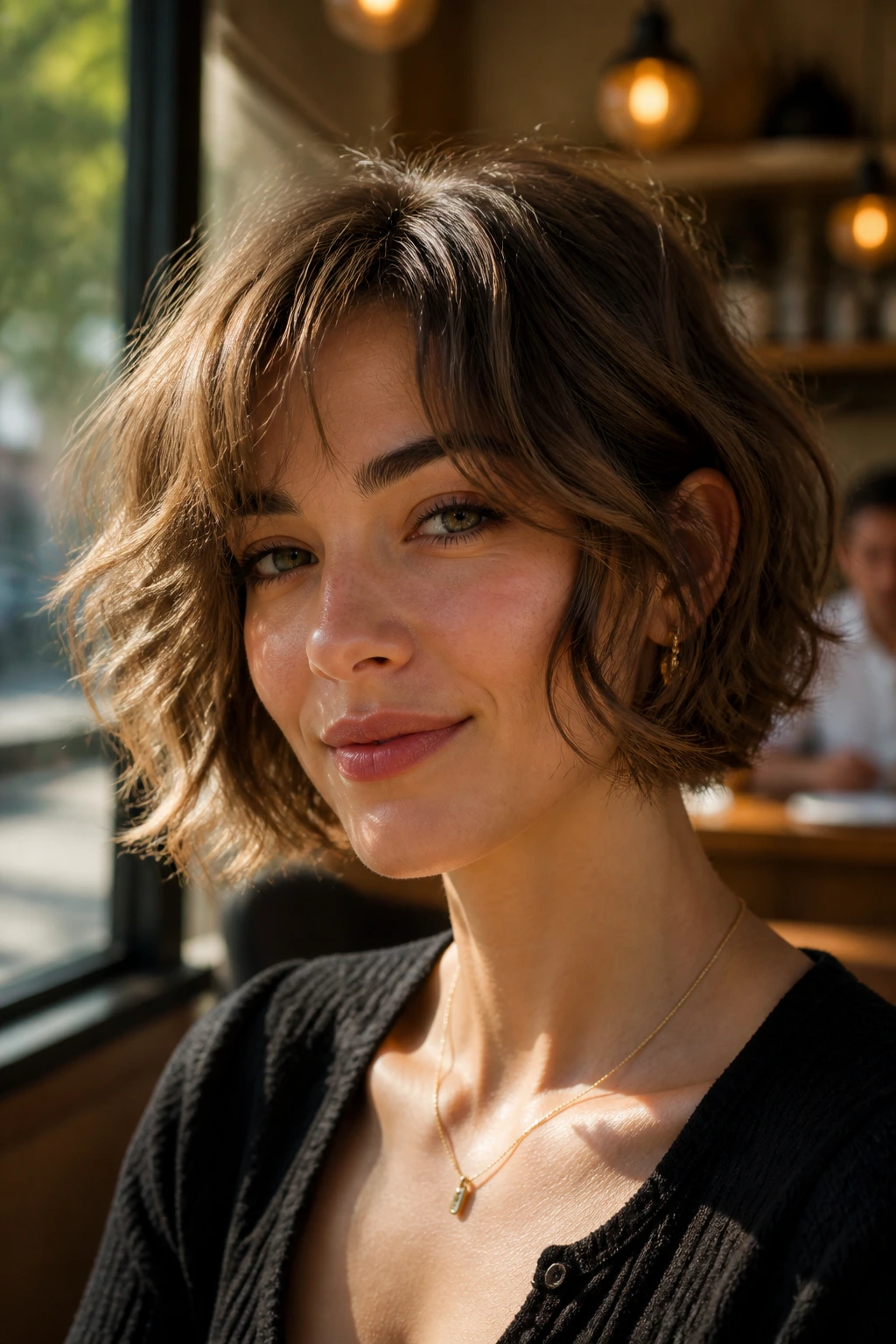Close-up portrait of a real woman with a tousled face-framing bob in warm cafe light