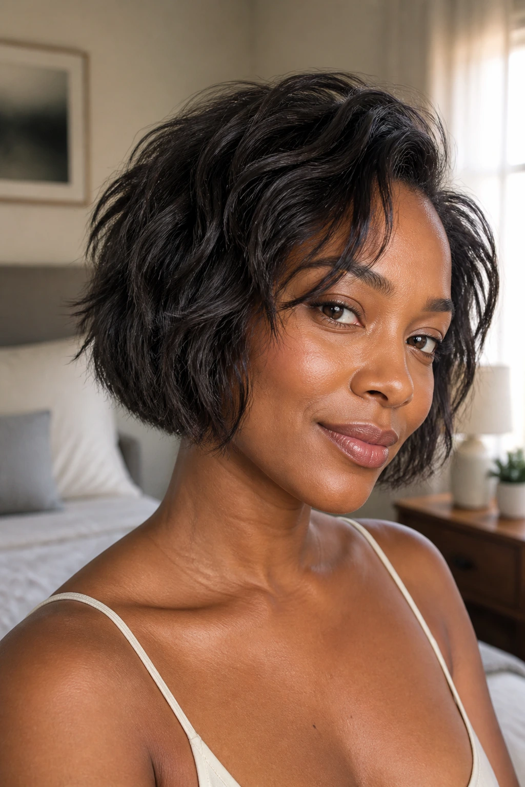 Close-up of a real woman with a tousled bob on fine hair in soft bedroom light
