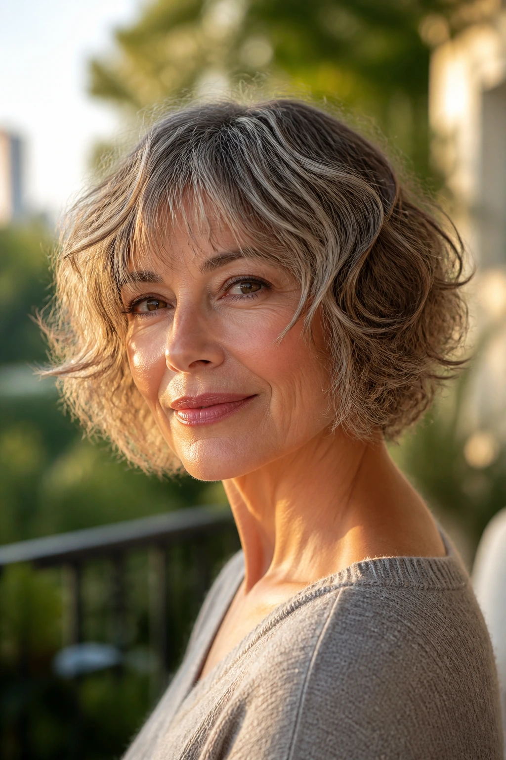 Close-up of a woman with a tousled bob in golden hour outdoor light