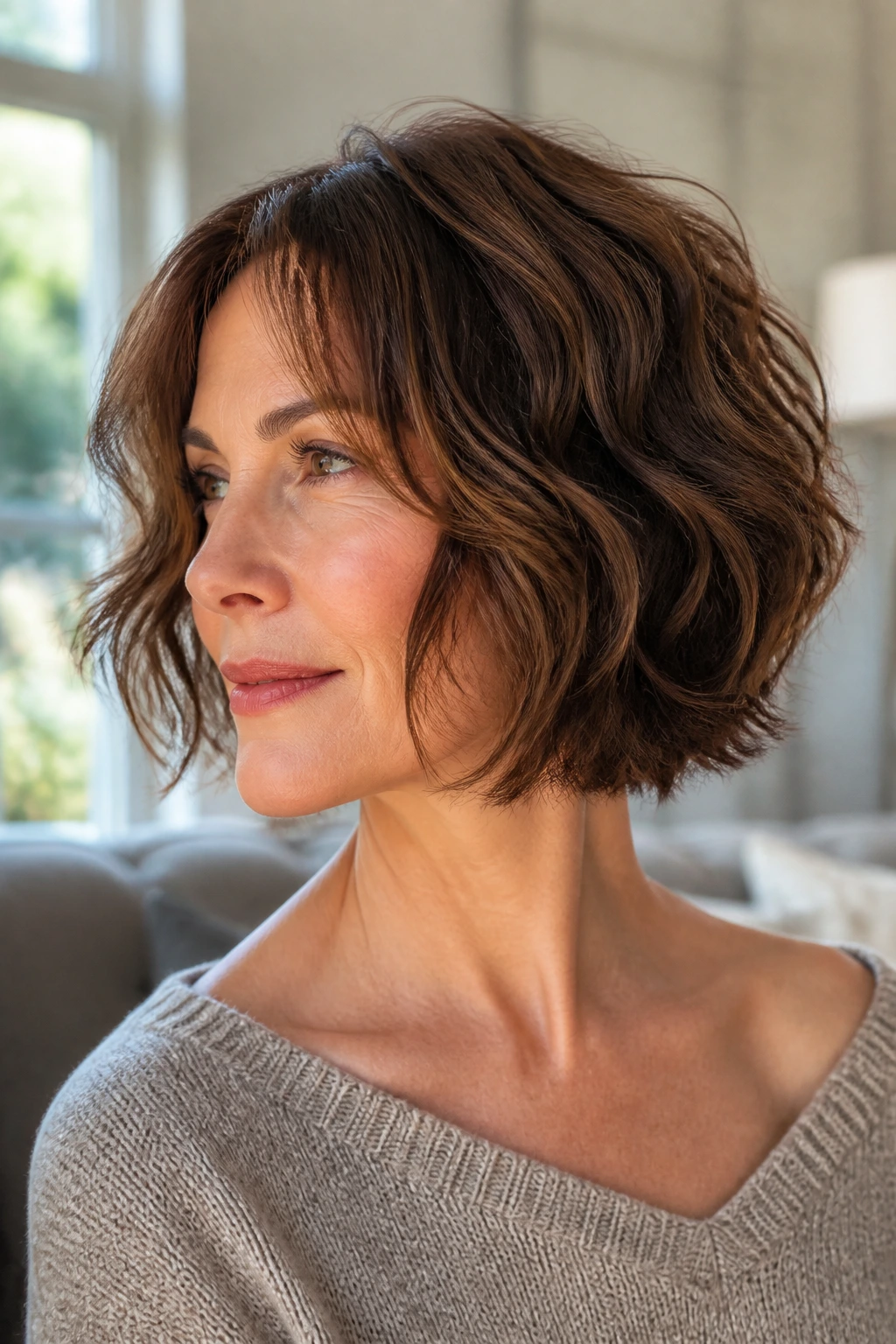 Portrait of a woman with tousled bob and hidden layers