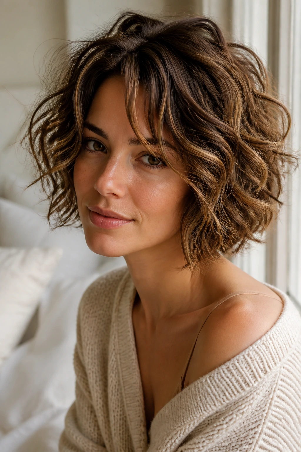 Real person with tousled curly bob and honey lowlights