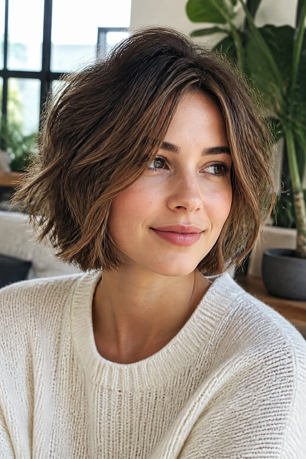 Real woman with tousled bob and invisible layers in a sunlit living room