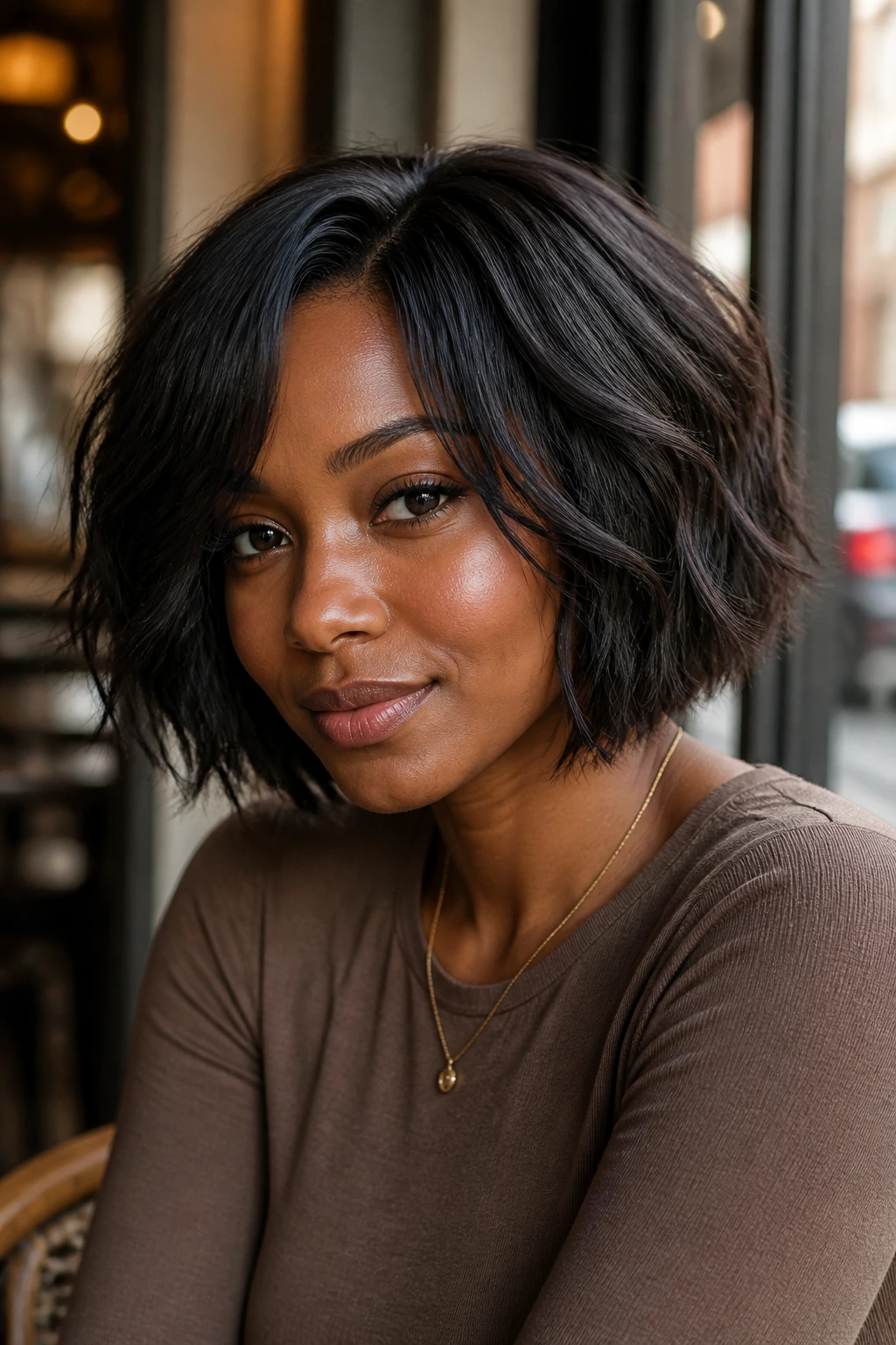 Portrait of a Black woman with a dynamic tousled bob