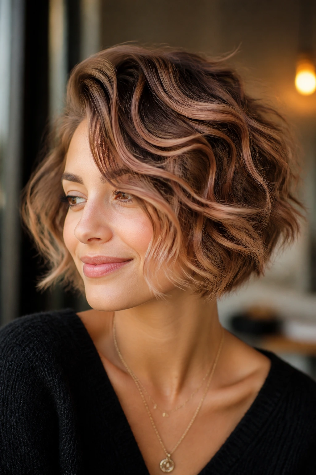 Close-up of tousled side-swept bob with peach babylights under cafe window light