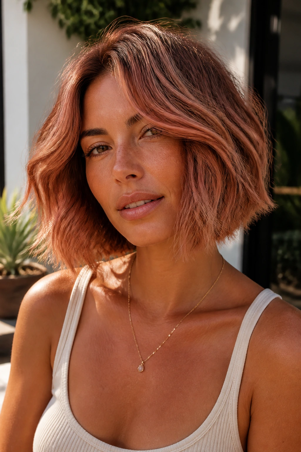 Close-up of a real woman with a tousled bob and warm rose highlights on tan skin