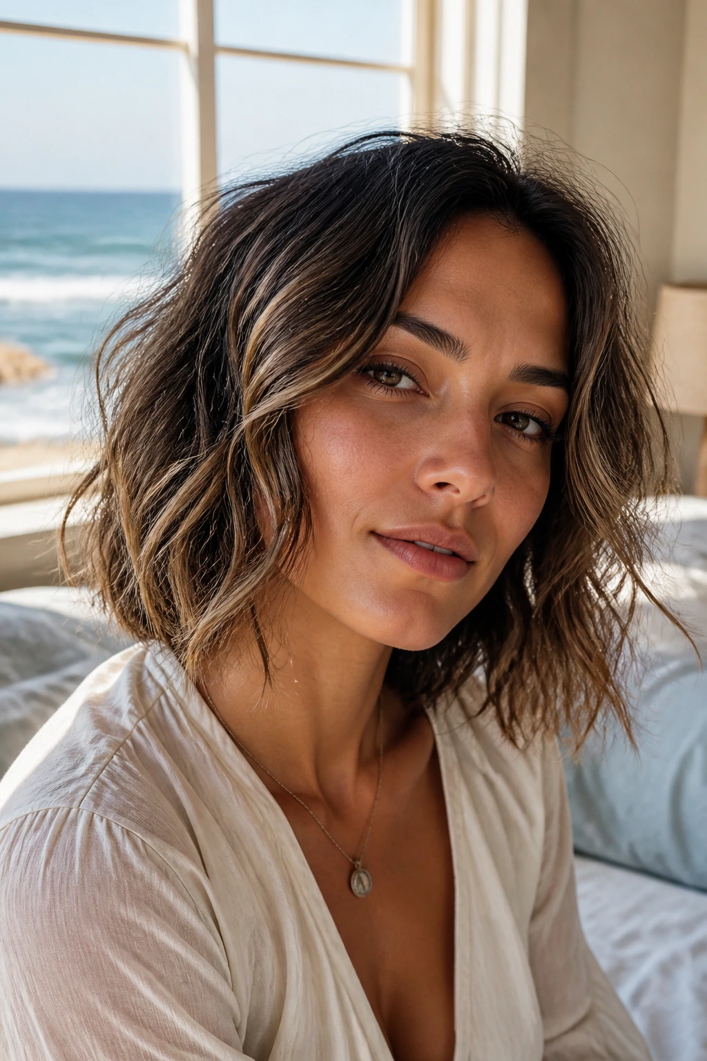 Close up of a real woman with a tousled salt-spray bob.