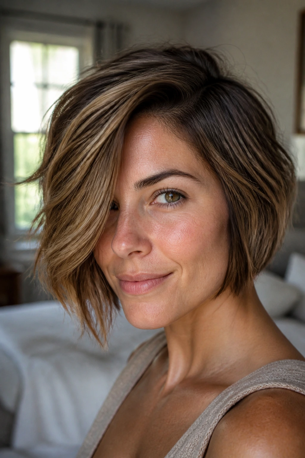 Close-up of tousled bob with deep side sweep and caramel highlights