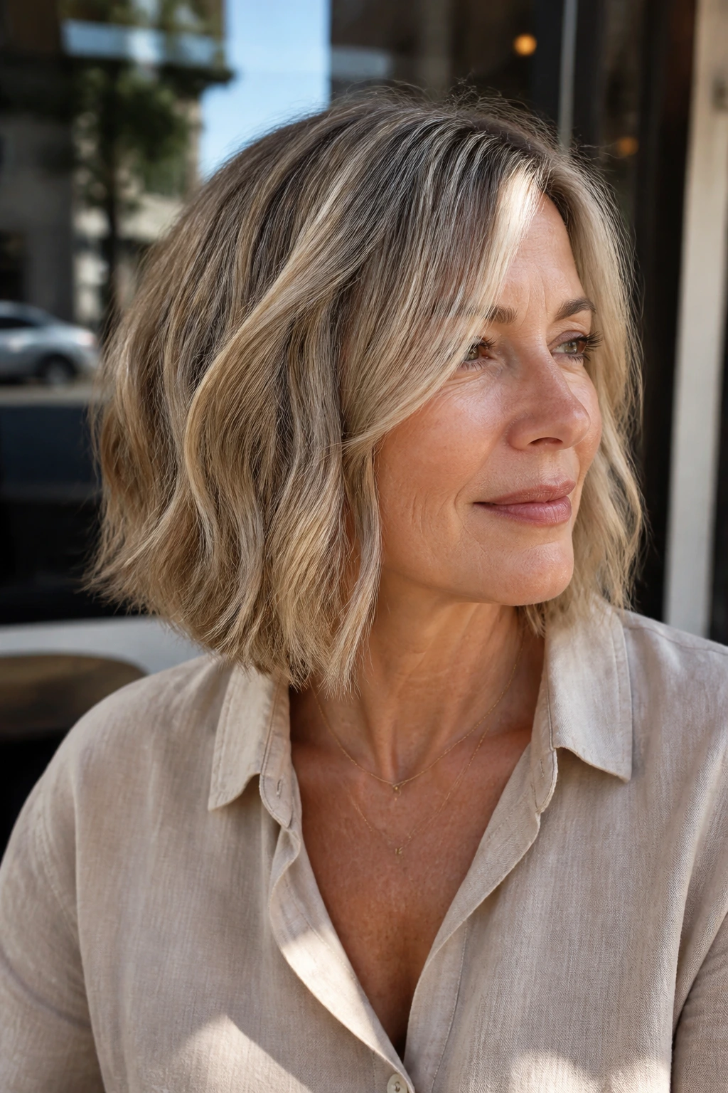 Portrait of a real woman with tousled bob and sunlit babylights in natural outdoor lighting